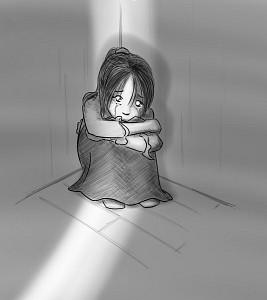 drawing of a girl crying in a corner
