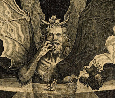 Three-headed Lucifer is chewing the traitors in Dante's Inferno