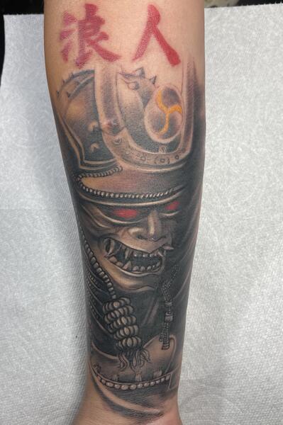 realistic samurai warrior tattoo done at Masterpiece Tattoo