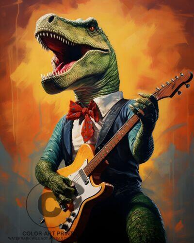 Vintage Rocking Guitar T-Rex Dinosaur Poster