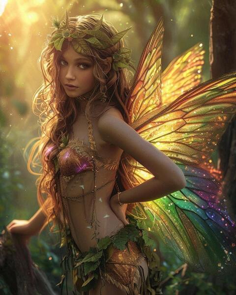 a fairy queen with wings wearing a magic silk and lace