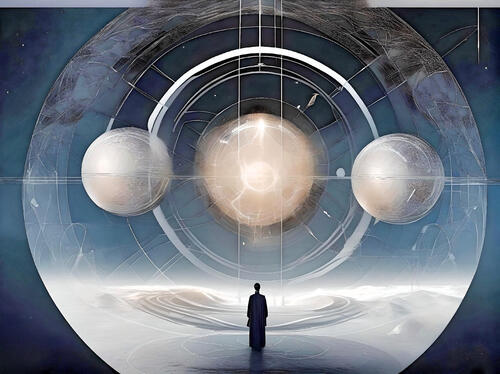 Conceptual artwork depicting a lone figure standing before a large, luminous central sphere flanked by two textured smaller spheres, all within a series of concentric circles against a cosmic background, illustrating the 'three-body problem' concept. Made in Fotor and edited in Photoshop by the author. 